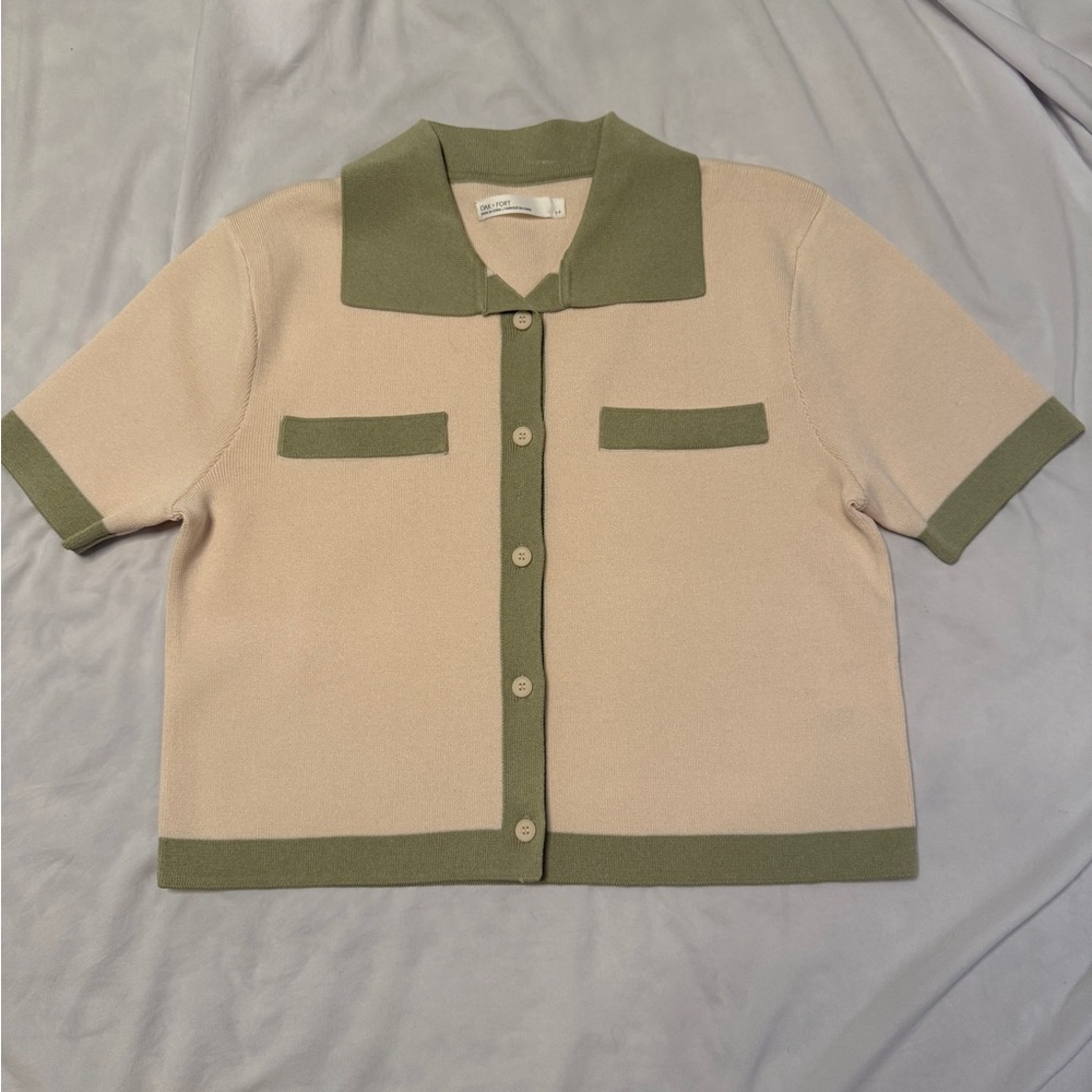 OAK + FORT Two-Tone Knit Short Sleeve Cardigan in Beige & Olive